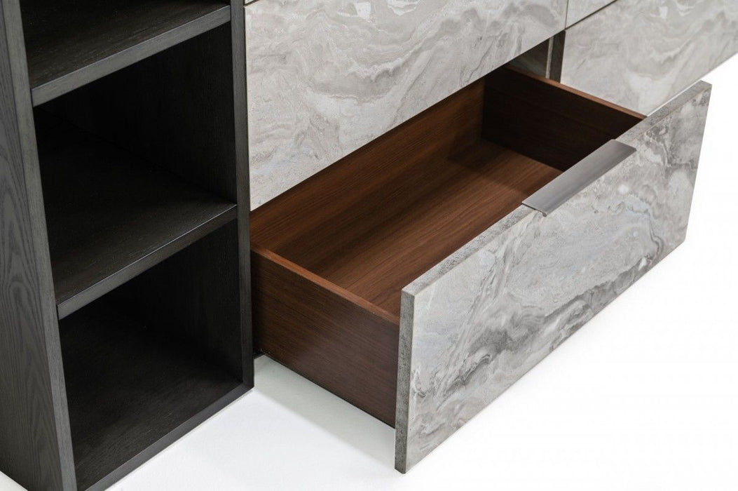 Faux Marble And Black Wood Six Drawer Double Dresser - Gray