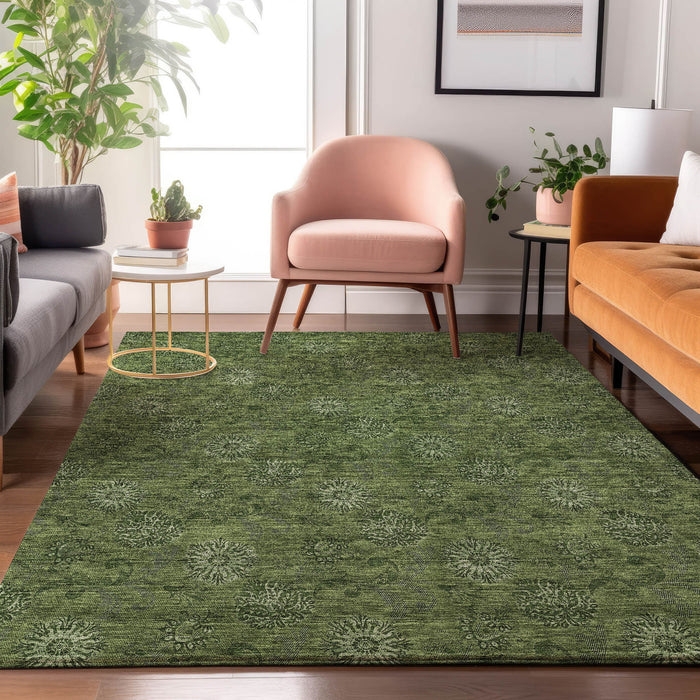 8' X 10' Floral Washable Area Rug With UV Protection - Olive Green And Ivory