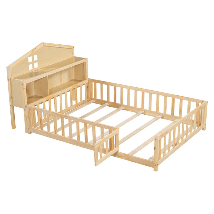 Giga full size Montessori floor bed with storage, bookcases, guard rails, and solid wood headboards in natural finish.