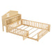 Giga full size Montessori floor bed with storage, bookcases, guard rails, and solid wood headboards in natural finish.