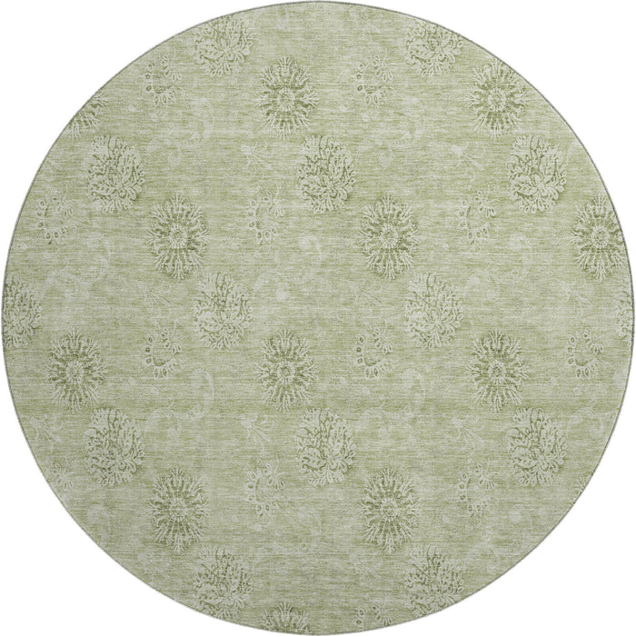 8' Floral Washable Round Rug With UV Protection - Sage And Ivory