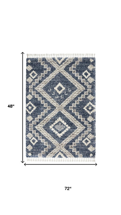 4' X 6' Geometric Shag Non Skid Area Rug With Fringe (552487) - Denim Blue / Ivory