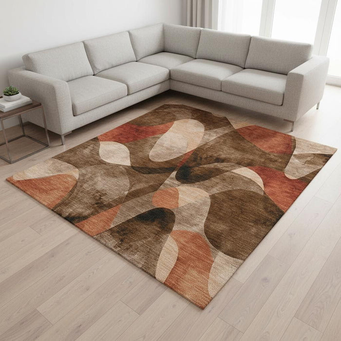 10' X 14' Abstract Washable Area Rug With UV Protection (648070) - Chocolate / Beige / Copper