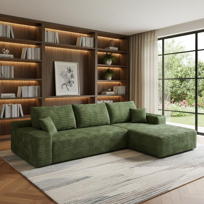 107" Corduroy Modular Compression Foam Sofa With Toss Pillows - Green
