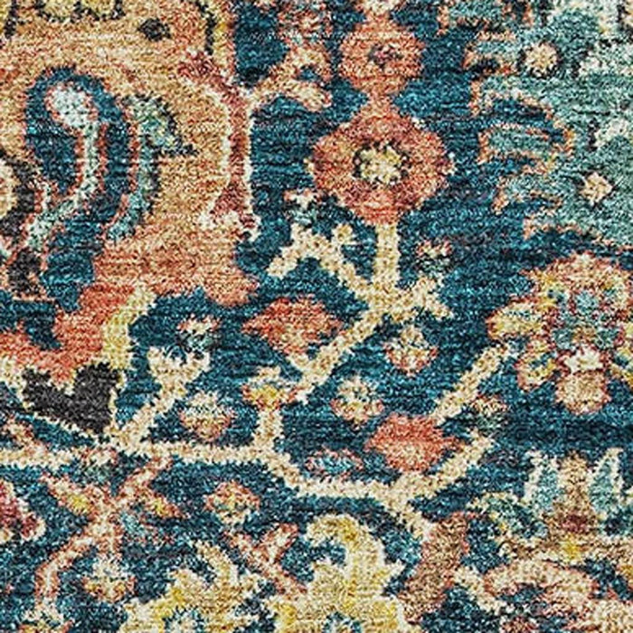 10' X 14' Damask Washable Area Rug With UV Protection (684304) - Navy Blue / Coral / Gold