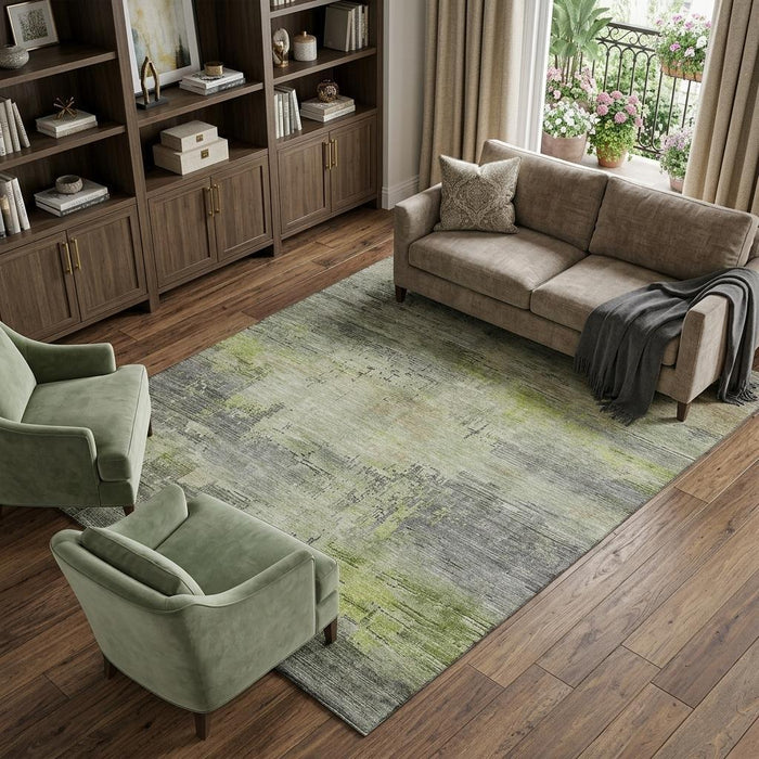 10' X 14' Abstract Washable Area Rug With UV Protection (696050) - Artichoke Green / Charcoal / Silver