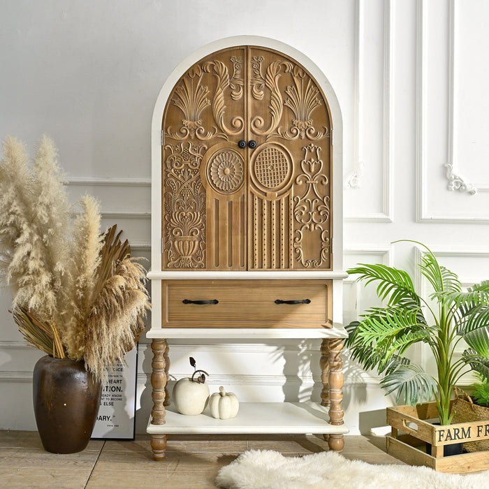 Natural and white arched flower carved accent sideboard cabinet with one drawer and shelf, perfect for kitchen storage.