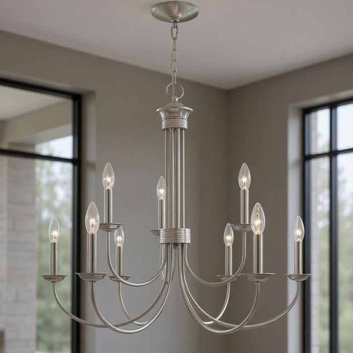 27" Nine Light Dimmable Chandelier With Shades - Nickel
