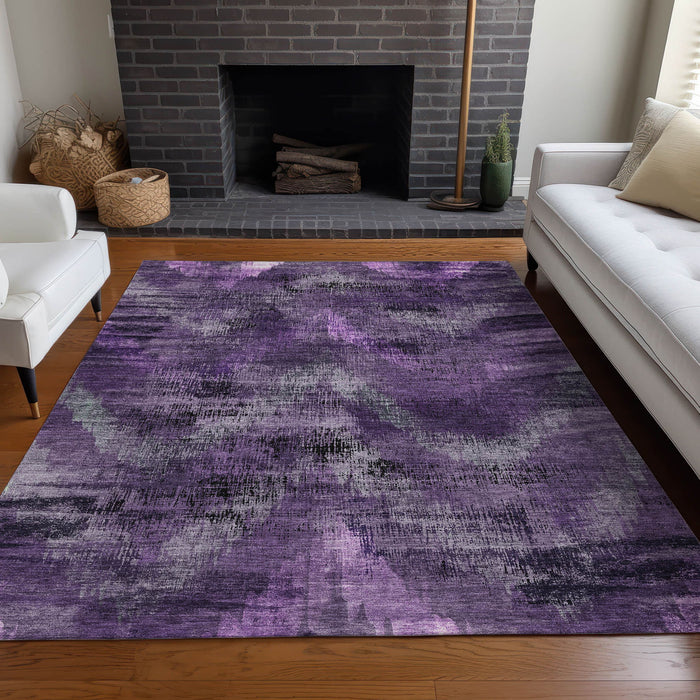 10' X 14' Abstract Washable Area Rug Polyester With UV Protection - Purple And Gray