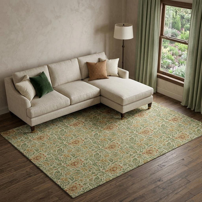 10' X 14' Floral Washable Area Rug With UV Protection (654970) - Artichoke Green / Rust