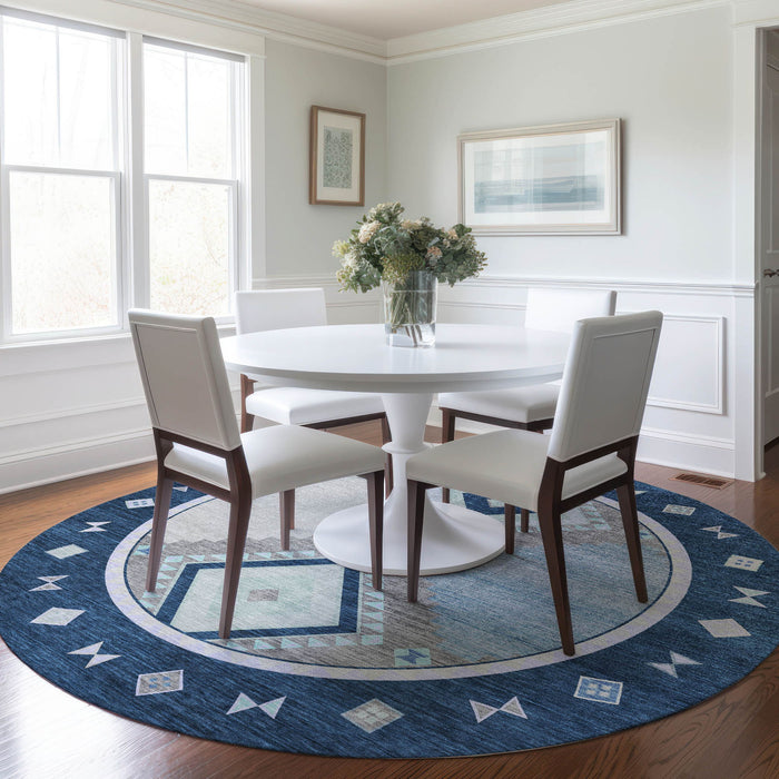 8' Southwest Geometric Washable Round Rug With UV Protection - Blue