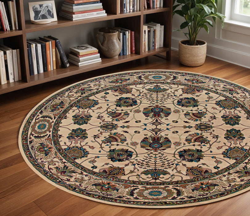 8' Traditional Oriental Polypropylene Round Rug - Ivory And Red