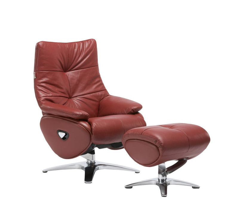 Red tufted genuine leather swivel recliner with matching ottoman by HomeRoots, showcasing plush cushioning and classic design.