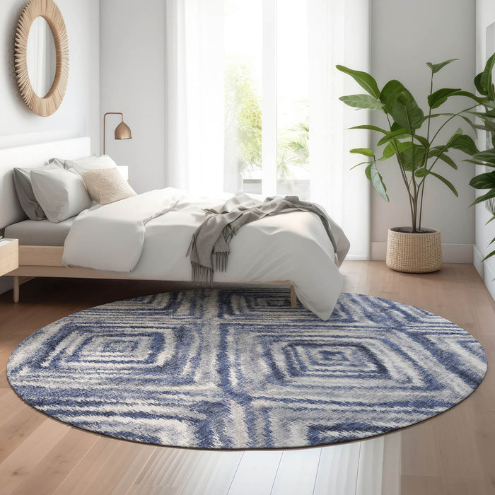 8' Geometric Washable Round Rug With UV Protection - Blue / Gray