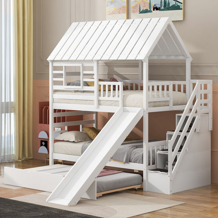 Giga house bunk bed with trundle, storage staircase, roof, and window design, featuring multiple levels and playful decor.
