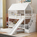 Giga house bunk bed with trundle, storage staircase, roof, and window design, featuring multiple levels and playful decor.