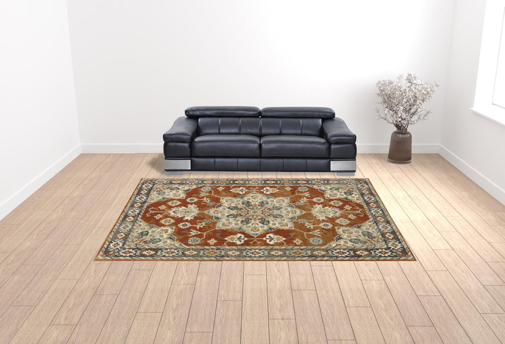 10' x 13' Oriental Power Loom Stain Resistant Area Rug - Rust Beige Teal Blue And Gold