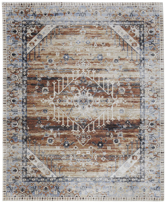 8' x 10' Abstract Power Loom Worn Faded Area Rug - Ivory Red And Blue