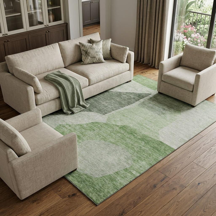 10' X 14' Abstract Washable Area Rug With UV Protection (655246) - Artichoke Green / Ivory