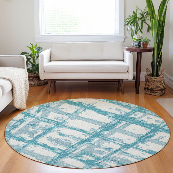 8' Striped Washable Round Rug Polyester With UV Protection - Teal And Ivory