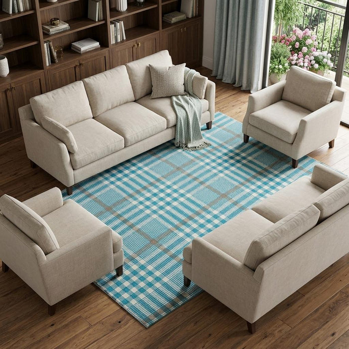 10' X 14' Plaid Washable Area Rug With UV Protection (682673) - Teal / Ivory / Gray