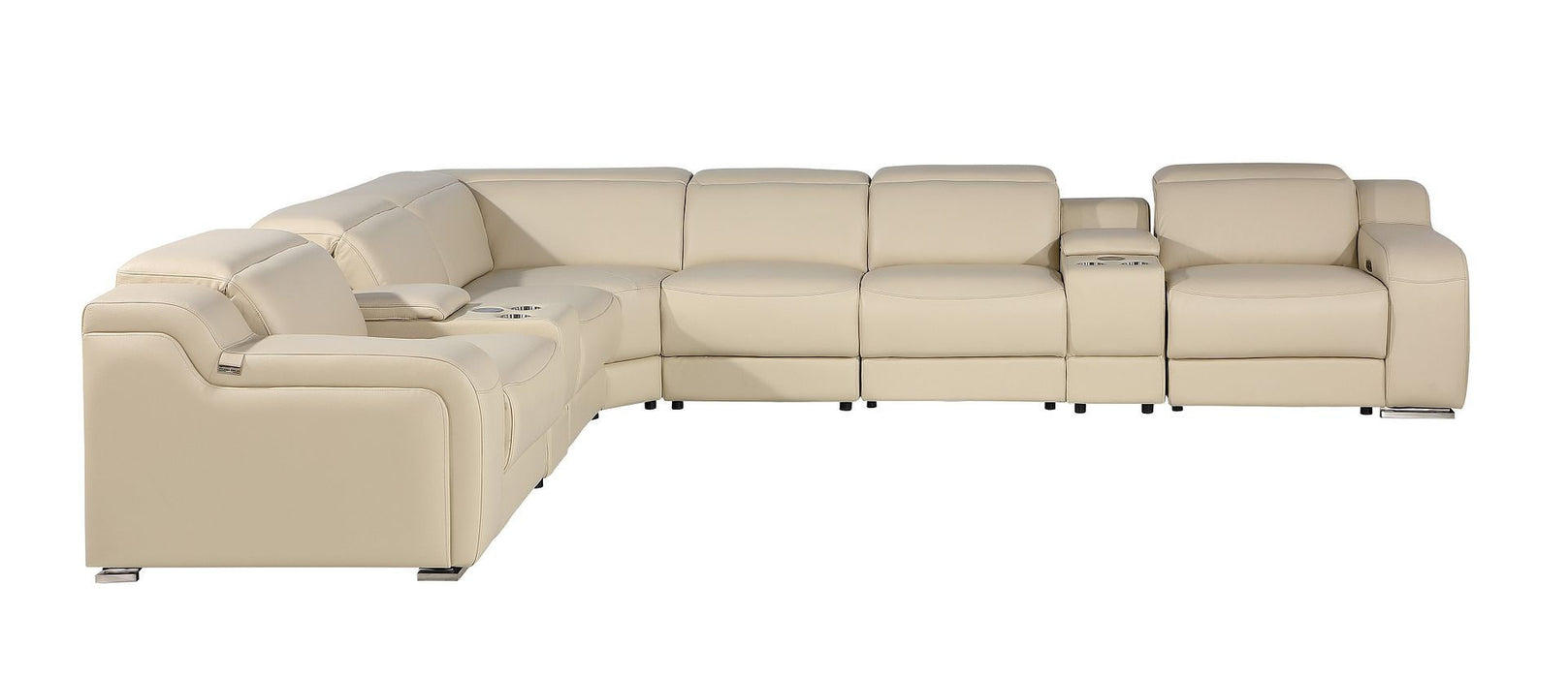 Italian Leather Power Reclining Curved Eight Piece Corner Sectional With Console - Beige