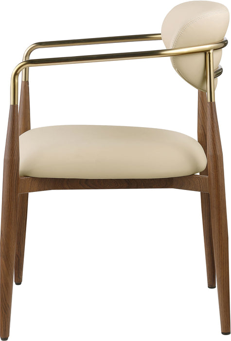 Vegan leather upholstered dining arm chair with walnut wood legs, modern design by Meridian Furniture.
