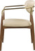 Vegan leather upholstered dining arm chair with walnut wood legs, modern design by Meridian Furniture.