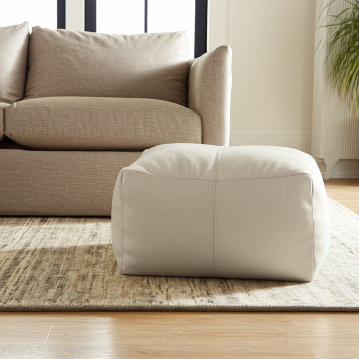 Leather Pouf Ottoman - Ivory