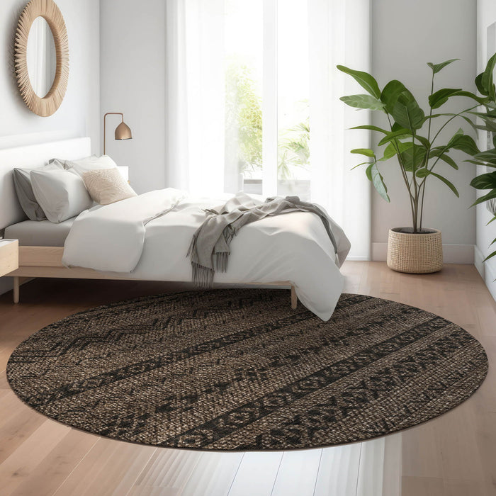 8' Southwestern Washable Round Rug With UV Protection - Chocolate And Gray