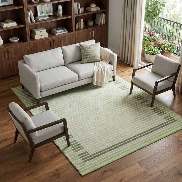 10' X 14' Striped Washable Area Rug With UV Protection (693450) - Artichoke Green / Ivory / Gray