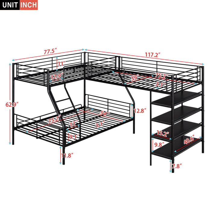 Giga black L-shaped twin over full bunk bed with twin loft, featuring four built-in shelves for storage and space-saving design.