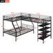 Giga black L-shaped twin over full bunk bed with twin loft, featuring four built-in shelves for storage and space-saving design.