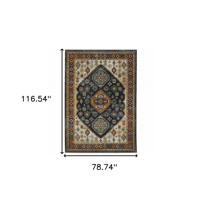6.6' x 9.7' Oriental Power Loom Area Rug - Blue And Beige