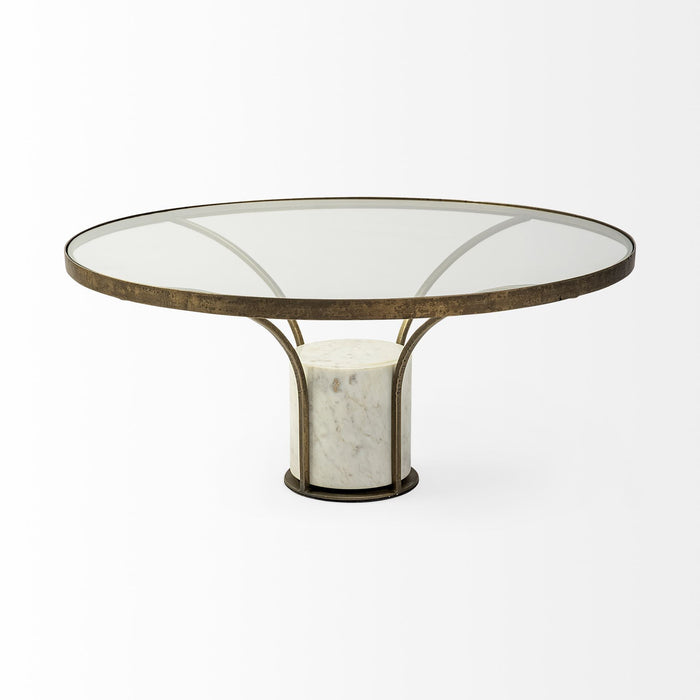 Glass And Stone Round Coffee Table - Clear And White And Gold