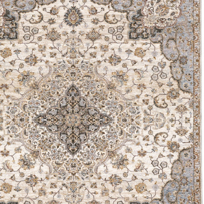 10' x 13' Oriental Power Loom Stain Resistant Area Rug With Fringe - Ivory And Blue