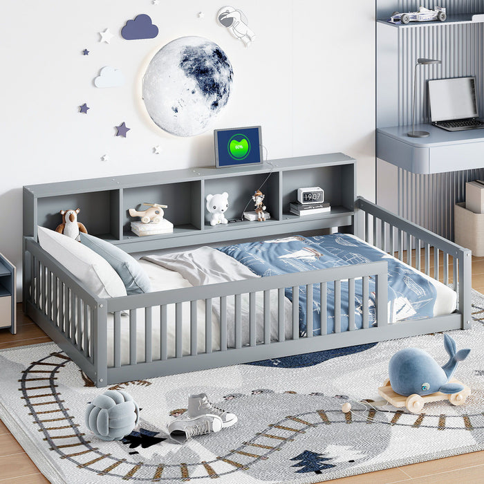 Gray Giga twin long platform bed with built-in storage cabinets and USB ports, featuring a sleek, modern design.