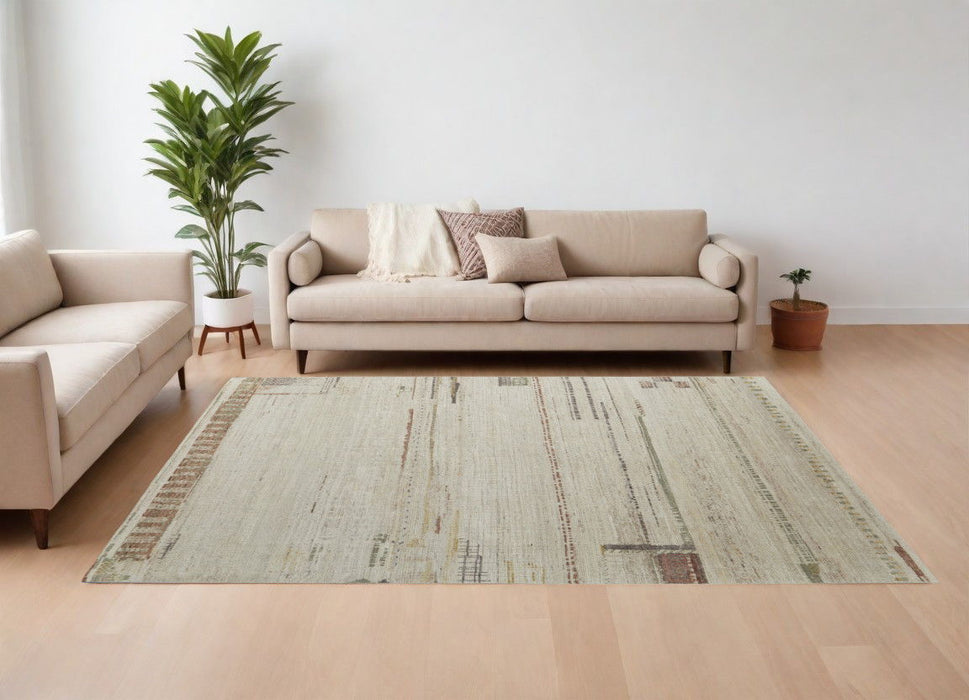 8' x 12' Wool Abstract Hand Knotted Area Rug - Gray Tan And Green