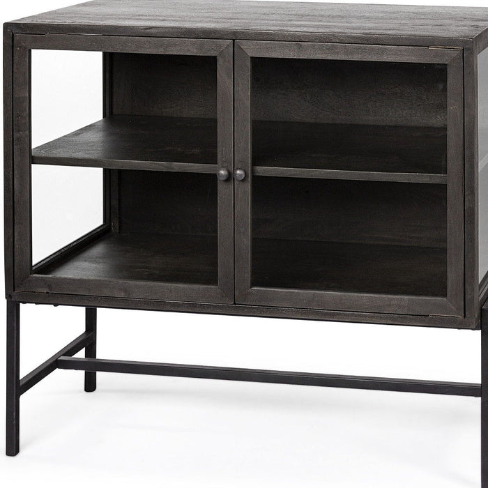 36" Solid Wood And Metal Display Cabinet With Two Doors - Black / Brown
