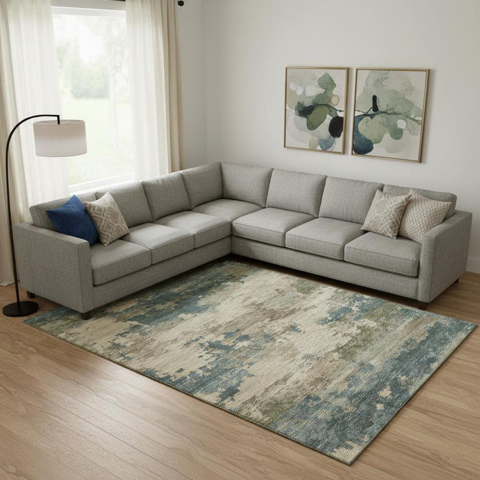 10' X 14' Abstract Washable Area Rug With UV Protection (717206) - Teal / Beige