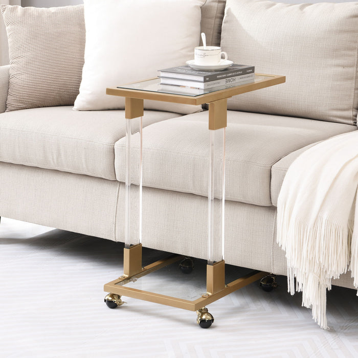 Giga glass top C-shaped side table with metal base, ideal for living room, bedroom, balcony, or office use.
