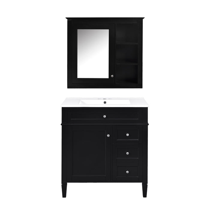 Giga bathroom vanity with top sink, two doors, three drawers, and a mirror cabinet in a freestanding set.