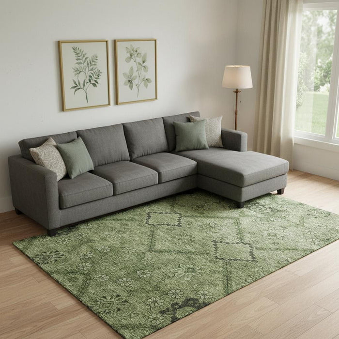 8' X 10' Floral Washable Area Rug With UV Protection (667250) - Olive Green / Gray