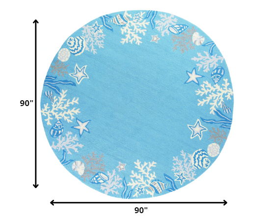 8' Hand Hooked Bordered Coral Reef Round Indoor Area Rug - Sea Blue