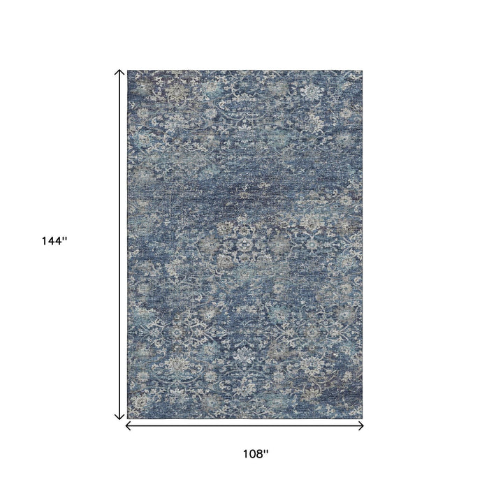 9' X 12' Floral Medallion Distressed Washable Area Rug With UV Protection (644221) - Blue / Gray