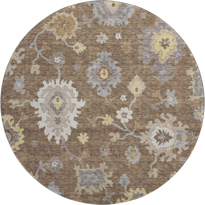 8' Floral Medallion Washable Round Rug With UV Protection - Chocolate