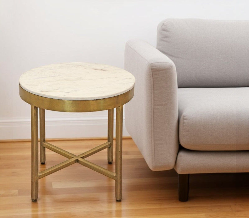 20" Marble And Iron Round Cross Legs End Table - Brass