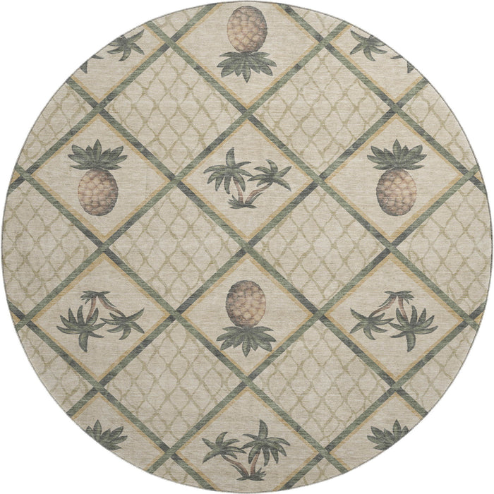 8' Boical Leaves Washable Round Rug With UV Protection - Beige