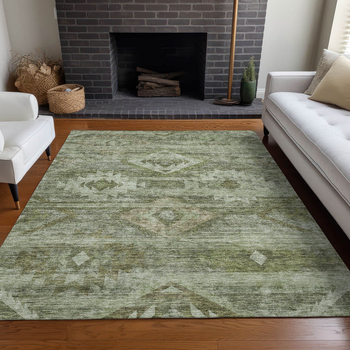 10' X 14' Southwestern Washable Area Rug With UV Protection - Olive Green And Ivory