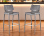 Set of two gray faux leather and steel low back bar height chairs with sleek design for modern bar or kitchen seating.